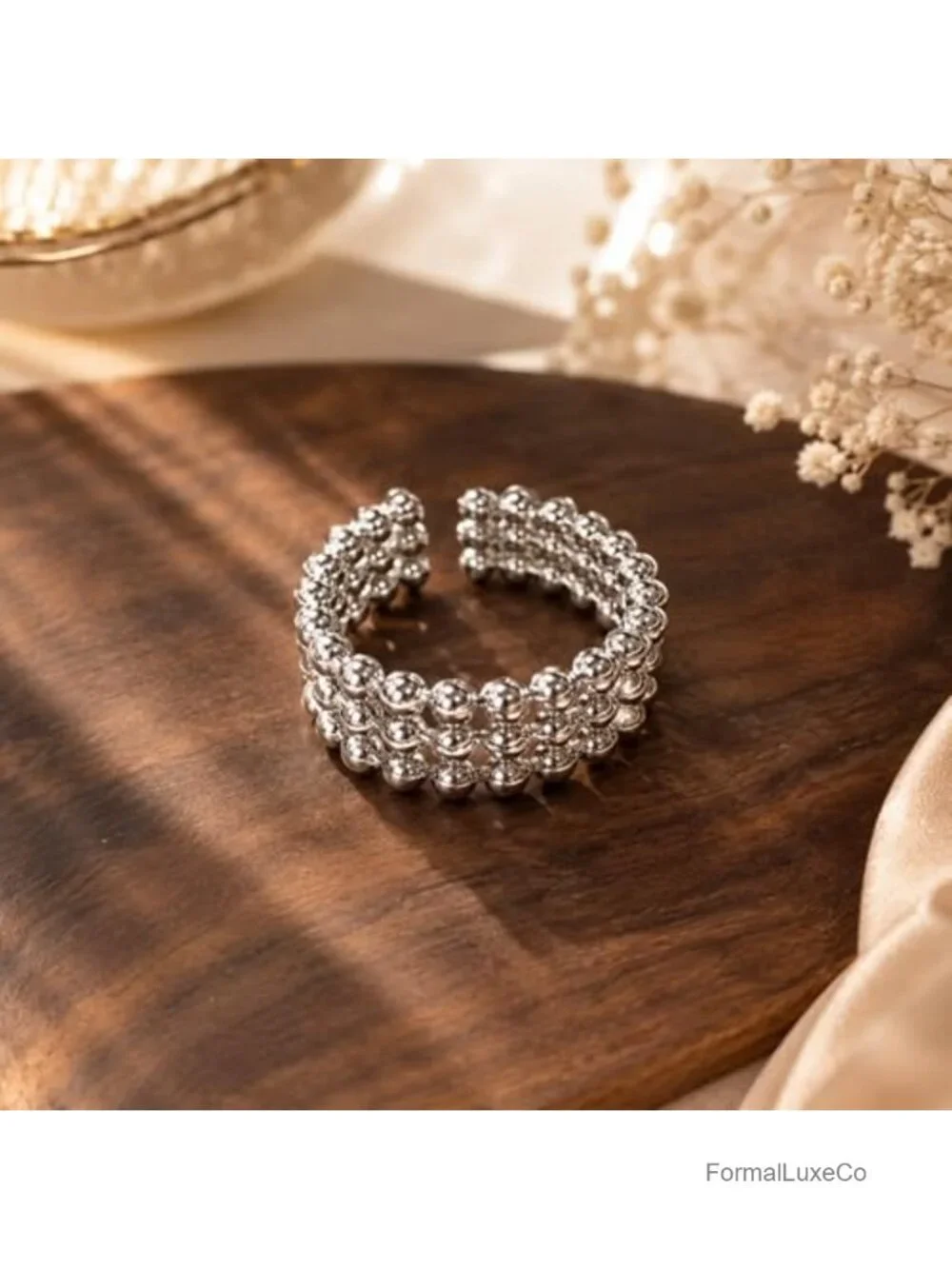 Sterling Silver Open Ring Triple Row Beaded Cluster Modern Adjustable